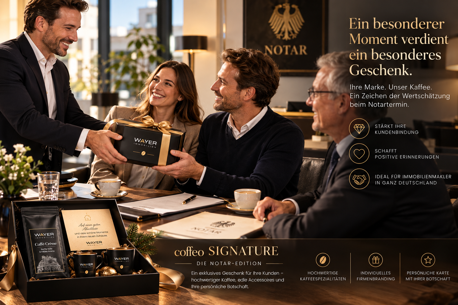 coffeo SIGNATURE – Geschenkübergabe beim Notartermin, mit exklusiver Geschenkbox und individueller Firmenmarke