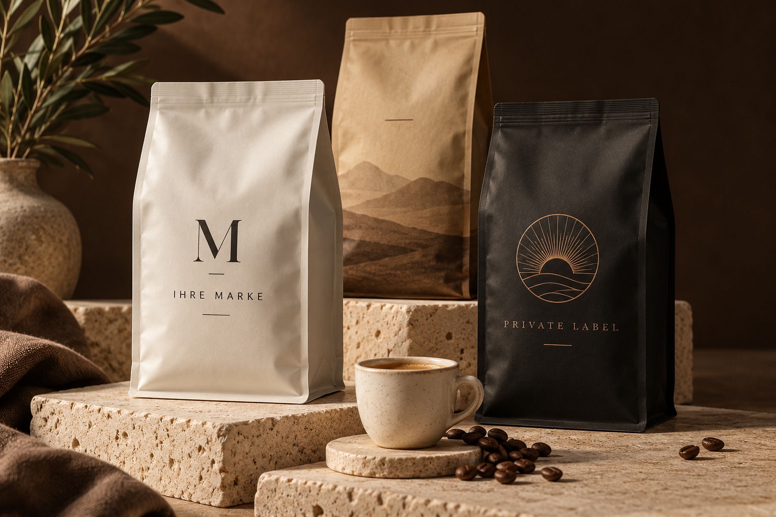 Drei hochwertige Private-Label-Kaffeeverpackungen in Creme, Naturbraun und Schwarz