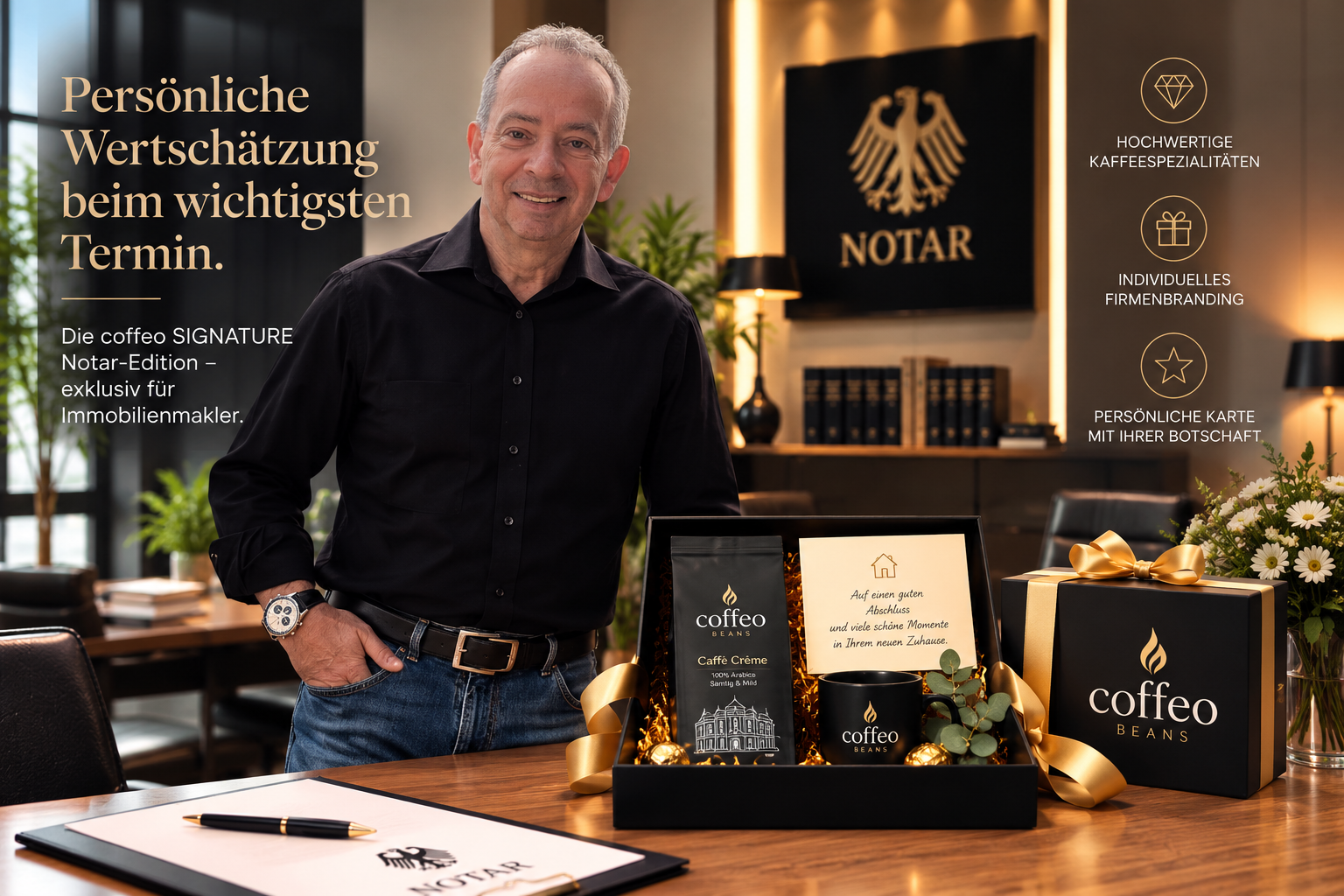 Persönliche Vorstellung der coffeo SIGNATURE Notar-Edition mit hochwertigem Kaffeeset im Notarbüro